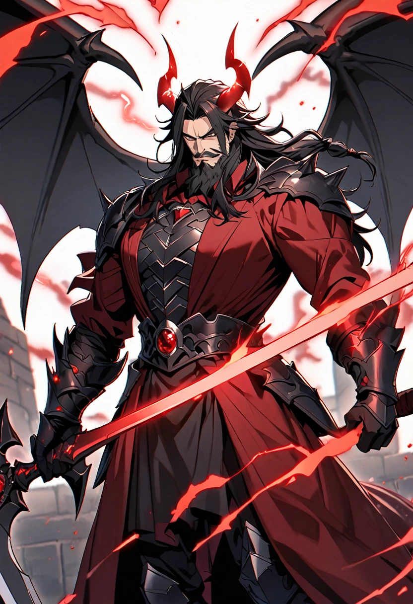 Handsome, single, mustache and beard, 1 male, long hair tied back black. Red and black eyes, no satanic horns, large body, satanic warrior outfit, Gargoyle wings, black iron armor with red shine. Magic style red-black robe A huge power swirled like hell, black, fiery red, and lightning mixed together. holding a great sword warrior Satan's magic power is in the great sword,