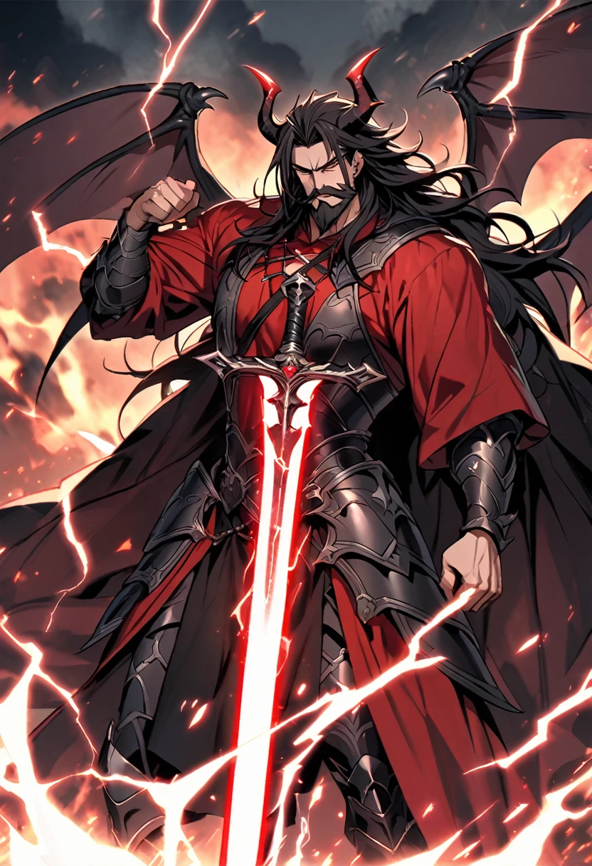 Handsome, single, mustache and beard, 1 male, long hair tied back black. Red and black eyes, no satanic horns, large body, satanic warrior outfit, Gargoyle wings, black iron armor with red shine. Magic style red-black robe A huge power swirled like hell, black, fiery red, and lightning mixed together. holding a great sword warrior Satan's magic power is in the great sword,