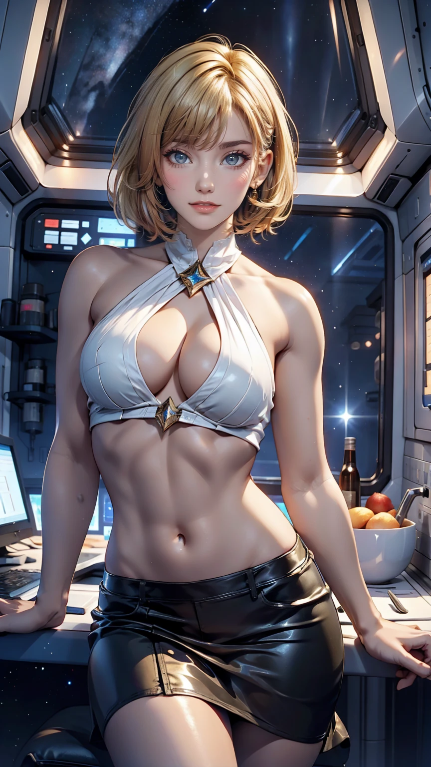 A young sexy woman with short hair and blonde hair in sexy clothes sits in a spaceship seat、A beautiful starry sky can be seen from the window.。