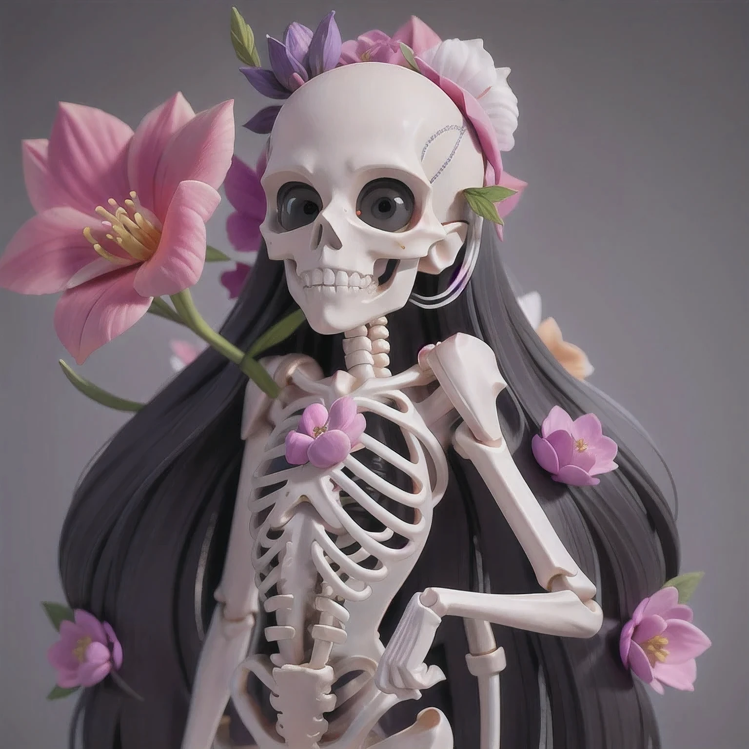 skeleton with flower in hair standing against grey background, anatomically correct skeleton, skeleton girl, skeleton, skelleton, skeletal, half woman half skeleton, anatomically accurate skeleton, thin skeleton, skull bones flowers, fleshy skeletal, titanium skeleton, cute skeleton, fleshy skeletal body, flowers grow from the body, human skeleton, female death, highly detailed skeleton