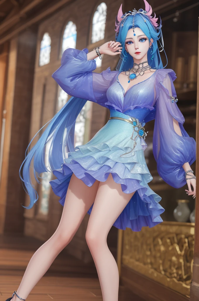 8K,high resolution,absurd,masterpiece,best quality,The original,Extremely detailed CG,Extremely detailed wallpaper,Perfect lighting,1 Girl,Solitary,Vague_background,Watching_exist_Viewer,站exist舞台上,
WZRY Diao Chan HQG,Blue Hair,skirt,Bare legs,Long hair,blue eyes,Hair accessories,Jewelry,High heel,necklace,Puffy long sleeves,