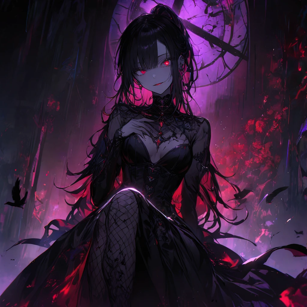 (dark atmosphere,gothic fashion,bright colors),(best quality,Super exquisite,),Sexy goth Vampire girl,In the rose garden at night,Beautiful and delicate eyes,Straight black ponytail with blue tips,Crow feathers,red lipstick,mysterious smile,Pale complexion,fishnet stockings,black dress,Pointed-toe bootysterious aura,The moonlight illuminates her elegant silhouette,Soft shadows and soft highlights,Contrasting colors create a vibrant atmosphere,dark and moody color palette,Subtle yet dramatic lighting effects,Sublime darkness intertwined with exquisite moonlight, She's tall and mature, red tone