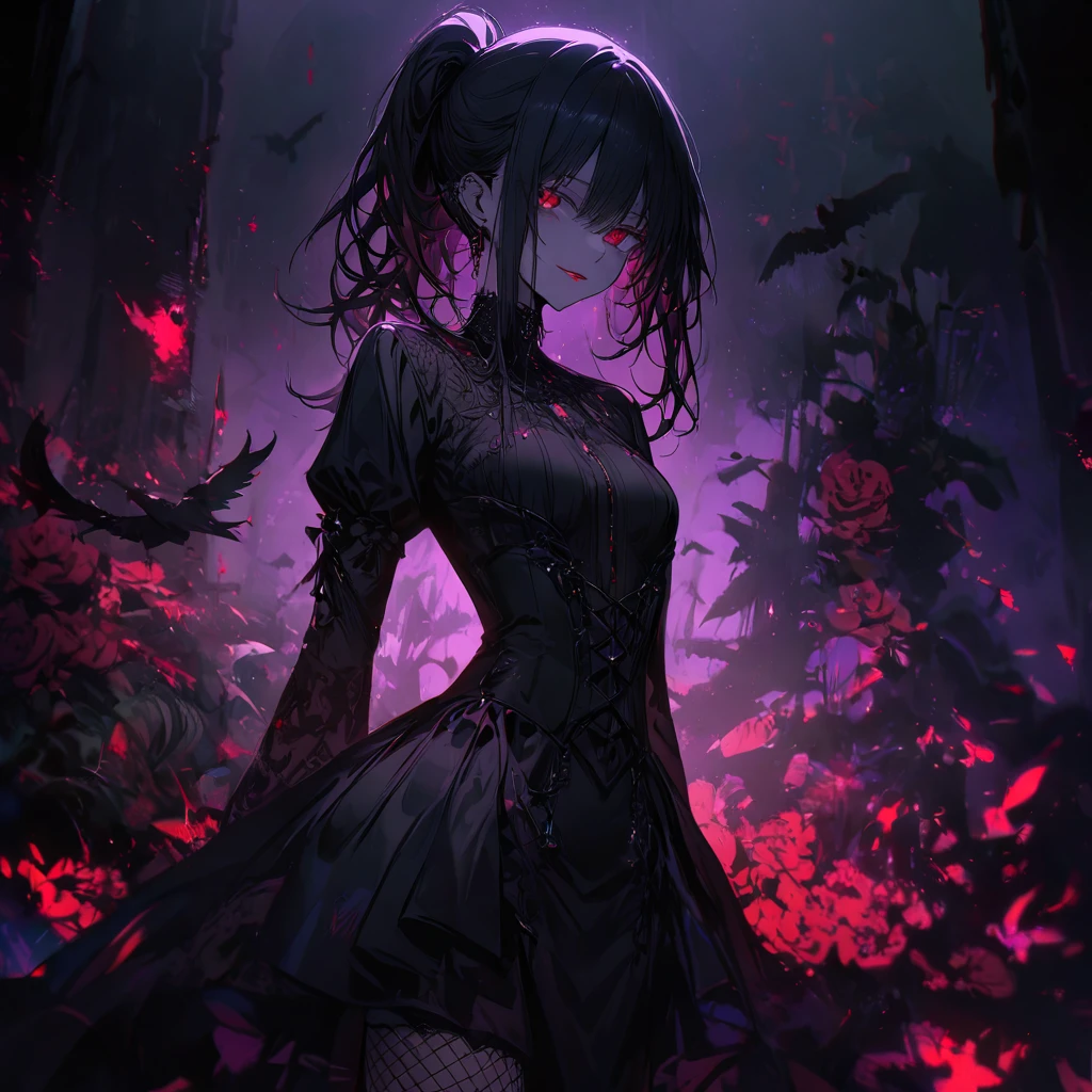 (dark atmosphere,gothic fashion,bright colors),(best quality,Super exquisite,),Sexy goth Vampire girl,In the rose garden at night,Beautiful and delicate eyes,Straight black ponytail with blue tips,Crow feathers,red lipstick,mysterious smile,Pale complexion,fishnet stockings,black dress,Pointed-toe bootysterious aura,The moonlight illuminates her elegant silhouette,Soft shadows and soft highlights,Contrasting colors create a vibrant atmosphere,dark and moody color palette,Subtle yet dramatic lighting effects,Sublime darkness intertwined with exquisite moonlight, She's tall and mature, red tone