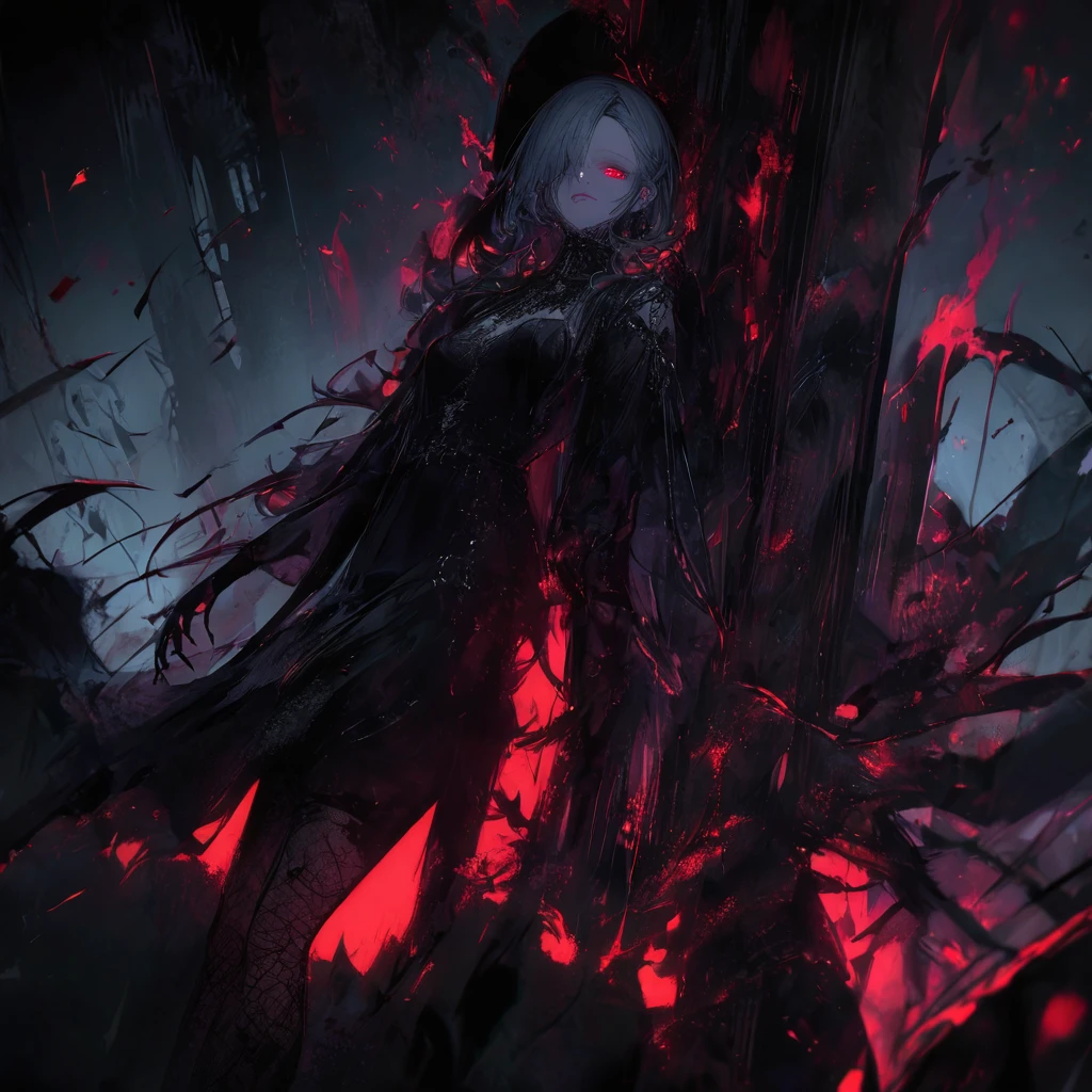 (dark atmosphere,gothic fashion,bright colors),(best quality,Super exquisite,),Sexy goth Vampire girl,In the rose garden at night,Beautiful and delicate eyes,Straight black ponytail with blue tips,Crow feathers,red lipstick,mysterious smile,Pale complexion,fishnet stockings,black dress,Pointed-toe bootysterious aura,The moonlight illuminates her elegant silhouette,Soft shadows and soft highlights,Contrasting colors create a vibrant atmosphere,dark and moody color palette,Subtle yet dramatic lighting effects,Sublime darkness intertwined with exquisite moonlight, She's tall and mature, red tone