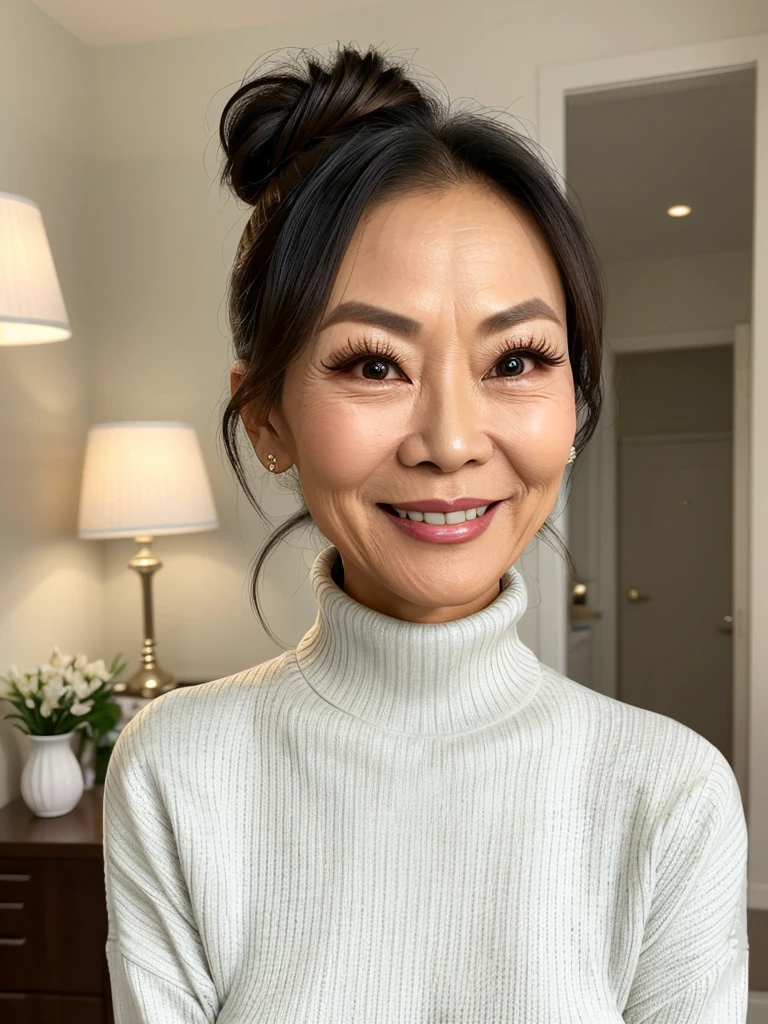 photo of a skinny very old wrinkly-faced faced mature asian prostitute with fake eyelashes and plump-enhanced lips, messy long hair thrown into a messy bun ponytail. She wears: (turtleneck soft high ribbed pure white super tight sweater:1.1), submissive seductive pose, high tight ribbed neck, seductive smile, perfect fake tits, horny eager granny