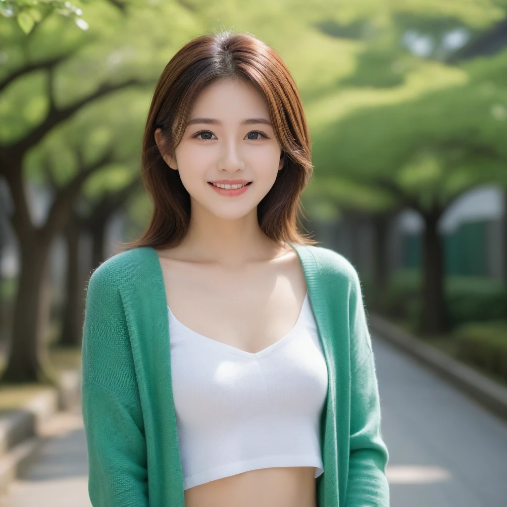 8k, Ultra-high resolution, Highest quality, masterpiece, 三分割法によるphotograph,Surreal, photograph, 1 girl, (:1.3), pretty girl, Cute face, Beautiful eyes in every detail, 細かくdetailedに,masterpiece,, One Girl:1.2, Japan Female Announcer,Young Wife,Urban area,street tree,green,White shirt,cardigan,Summer knitwear,Full of cleanliness,A carefree smile,Healing the heart,Looking at the audience、beauty,Long neck、Laugh a little、Please close your mouth and laugh、(((Ideal body type))),A-cup small breasts :2,、Portraiture:2、Perfect Anatomy、鮮明なdetailed、detailed、Surreal、Light and shadow,Strong light