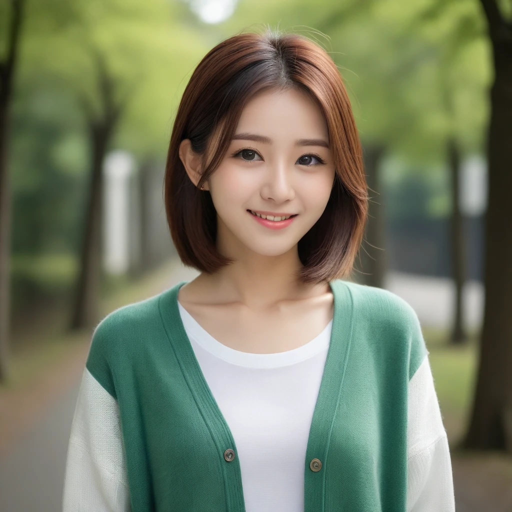 8k, Ultra-high resolution, Highest quality, masterpiece, 三分割法によるphotograph,Surreal, photograph, 1 girl, (:1.3), pretty girl, Cute face, Beautiful eyes in every detail, 細かくdetailedに,masterpiece,, One Girl:1.2, Japan Female Announcer,Young Wife,Urban area,street tree,green,White shirt,cardigan,Summer knitwear,Full of cleanliness,A carefree smile,Healing the heart,Looking at the audience、beauty,Long neck、Laugh a little、Please close your mouth and laugh、(((Ideal body type))),A-cup small breasts :2,、Portraiture:2、Perfect Anatomy、鮮明なdetailed、detailed、Surreal、Light and shadow,Strong light