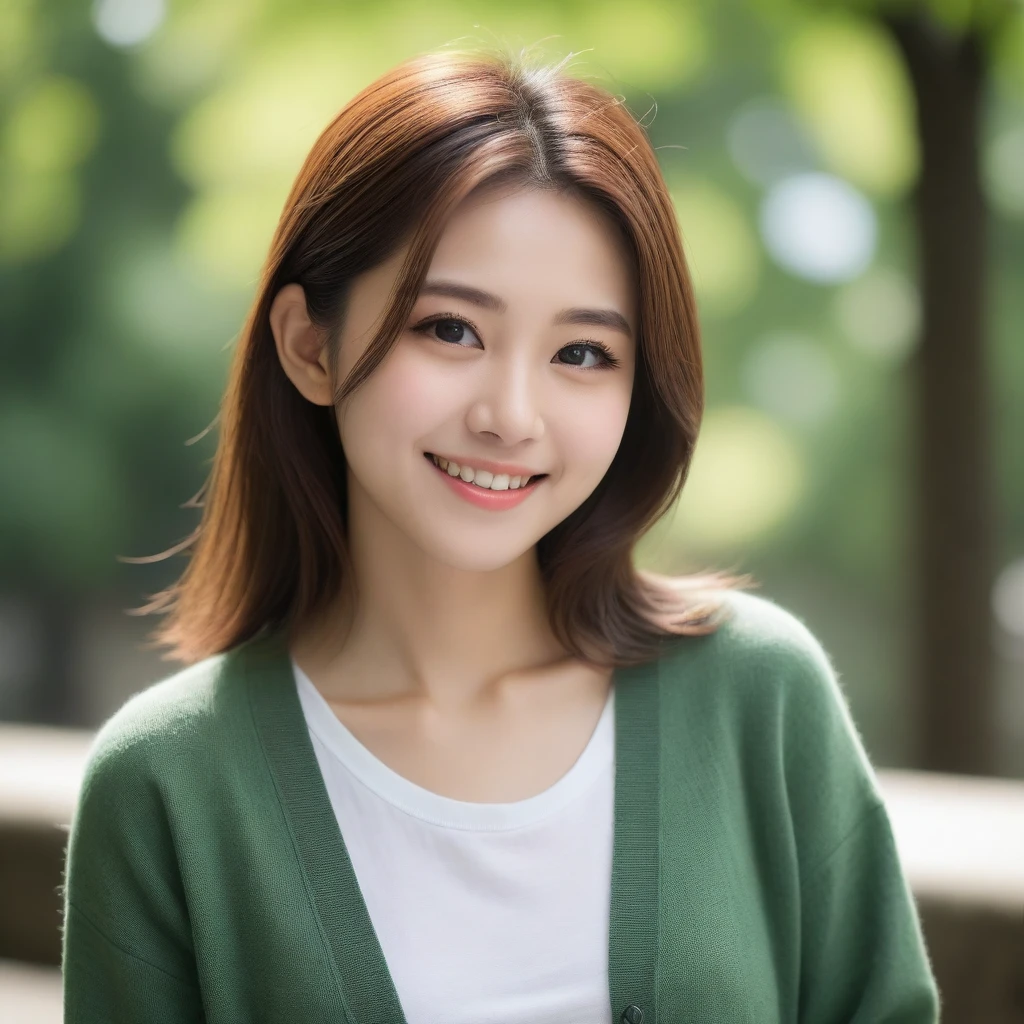 8k, Ultra-high resolution, Highest quality, masterpiece, 三分割法によるphotograph,Surreal, photograph, 1 girl, (16 years old:1.3), pretty girl, Cute face, Beautiful eyes in every detail, 細かくdetailedに,masterpiece,, One Girl:1.2, Japan Female Announcer,Young Wife,Urban area,street tree,green,White shirt,cardigan,Summer knitwear,Full of cleanliness,A carefree smile,Healing the heart,Looking at the audience、beauty,Long neck、Laugh a little、Please close your mouth and laugh、(((Ideal body type))),A-cup small breasts :2,、Portraiture:2、Perfect Anatomy、鮮明なdetailed、detailed、Surreal、Light and shadow,Strong light 