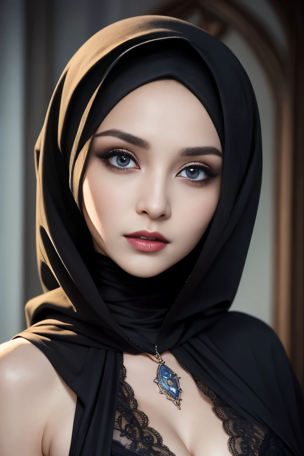 vampire, cleavage, hijabi, Absurd, ultra-detailed, high quality, masterpiece, detailed face, beautiful eyes(detailed eyes)