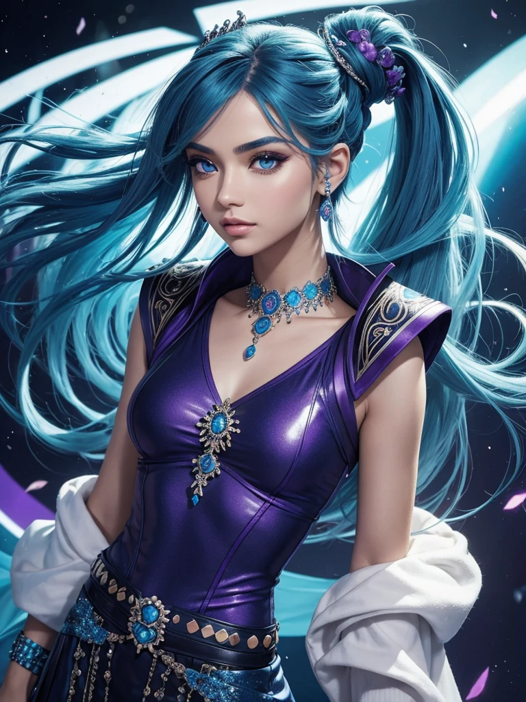 Musa, the Music Fairy of "Winx Club", Features a captivating appearance that reflects his vibrant personality and deep connection to music. His face has delicate and expressive features, with a slightly rounded shape that highlights your prominent cheekbones. Her large, almond-shaped eyes are a deep dark blue., transmitindo uma mistura de vivacidade e sensibilidade. His eyebrows are thin and well delineated, adding a touch of elegance to your appearance.

Your hair is one of your most distinctive features, sendo longo e de um azul escuro vibrante. Musa frequentemente estiliza seu cabelo em diferentes formas, como um rabo de cavalo alto, braids or buns, always maintaining its modern and dynamic look. Em algumas temporadas, ela experimenta cortes diferentes, mas o tom azul intenso permanece constante. Seu cabelo liso e brilhante reflete sua energia e dinamismo.

Musa&#39;s skin is clear and smooth, with a slightly pale tone that further highlights your facial features and expressive eyes. of medium height, she has a slim and athletic body, o que combina com sua postura confiante e graciosa. This posture reflects not only your self-confidence, but also his determination and passion for music.

Musa adota um estilo de vestir casual e moderno, muitas vezes inspirado por elementos musicais. Seu guarda-roupa inclui tops, pants and skirts in vibrant colors like blue, roxo e vermelho, frequentemente decorados com estampas de notas musicais ou instrumentos. Ela complementa seu visual com maquiagem leve, destacando seus olhos com sombras em tons de azul ou roxo e batons suaves. Muse also loves accessories that reflect her unique style., como tiaras, fitas, presilhas, fones de ouvido estilizados, grandes brincos e pulseiras. Your appearance is a perfect reflection of your artistic and passionate personality, combining elegance, energia e estilo moderno.