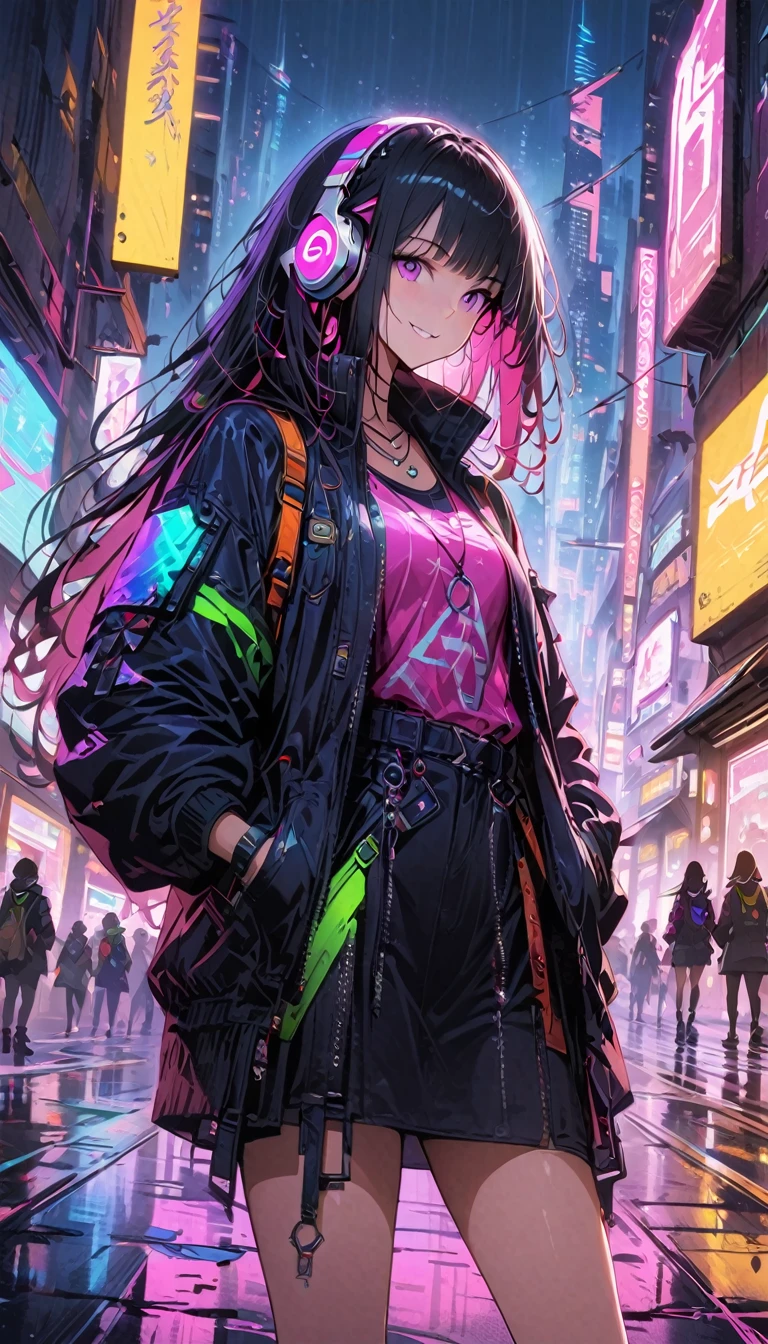 1girl,cyberpunk, Chinese girl, translucent，Wearing headphones，futuristic city, neon lights, high-tech, digital sky, large moon, flying cars, futuristic dress, glowing earphones, jewelry, necklace, long hair, transparent accessories, dynamic pose, smiling, facing camera, ultra-realistic, high-quality, 8K resolution, detailed, futuristic, modern fashion, traditional elements, glowing jewelry, cyberpunk fashion