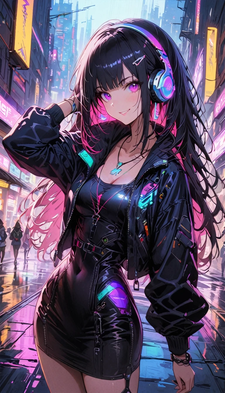 1girl,cyberpunk, Chinese girl, translucent，Wearing headphones，futuristic city, neon lights, high-tech, digital sky, large moon, flying cars, futuristic dress, glowing earphones, jewelry, necklace, long hair, transparent accessories, dynamic pose, smiling, facing camera, ultra-realistic, high-quality, 8K resolution, detailed, futuristic, modern fashion, traditional elements, glowing jewelry, cyberpunk fashion