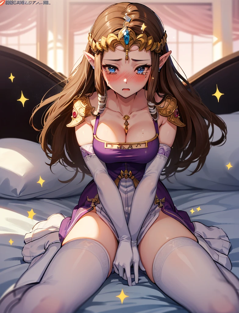 ((Arms above head)),((Princess Zelda)),((the legend of zelda)),((Front face)),((upper body)),Anime art style,masterpiece,(Dark brown hair), (Very detailed),(Very delicate and beautiful),(alone),((((  ass pov)))),(Detailed face and eyes),Beautiful eyes like jewels,(Purple blouse),(((Mature Woman,Queen))),((1 Queen in a beautiful)),((crinoline)),(((Long Straight Hair))),(Very beautiful mature woman),,length_gloves,hair accessory,Sparkling,((Lying in bed))