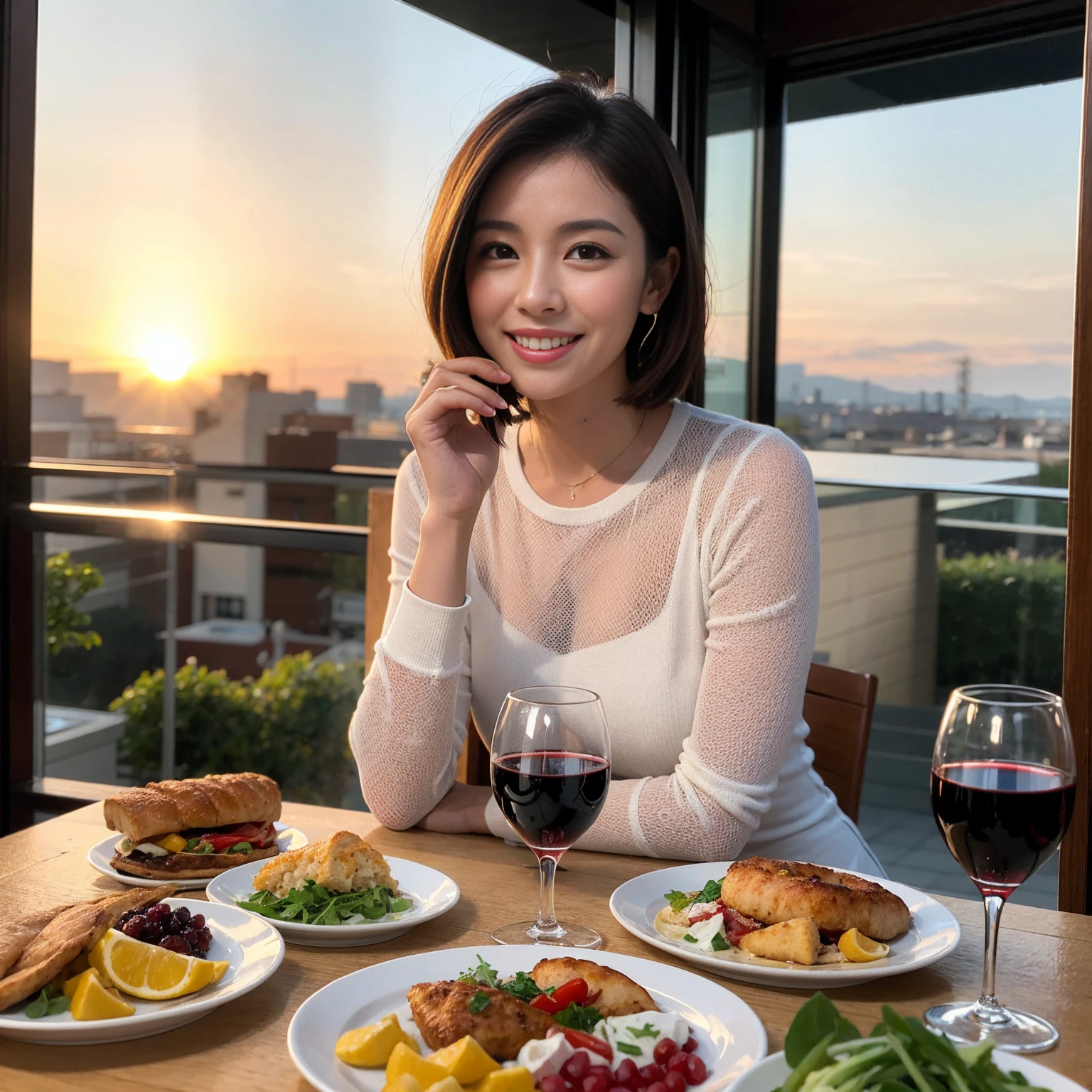 ((Highest quality、8k、masterpiece:1.3))、 (Genuineistic, Genuine、Bright image、Intricate details:1.2), 最高のsmile 男性1人 女性1人、美しいCouple、lover、Relatives and friends、actress Couple、Couple、モデルCouple、smile、Full-course dinner at a packed table、テーブルにwine glass、 (Slim face), (the body is slim), (Brown Hair), (short hair), Please shine a light on my face、 Amazing view of the sunset sky and clouds、 (36 years old), 39 years old, red wine 、Appetizers、Wine bottle、sparkling wine、Long sleeve shirt、dress、White wine, red wine, wine glass,