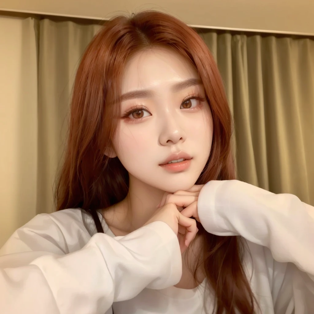 un primer plano de una mujer con el pelo largo y rojo sentada en una cama, Hermosa joven coreana, hermosa mujer surcoreana, Hwang Yeji ITZY, muchacha coreana, maquillaje popular de corea del sur, Hermosa joven coreana, Hwang Yeji, pale korean adorable face, portrait of yeji de itzy, Maquillaje coreano popular, Hwang Yeji, joven y adorable rostro coreano, Yeji de ITZY
