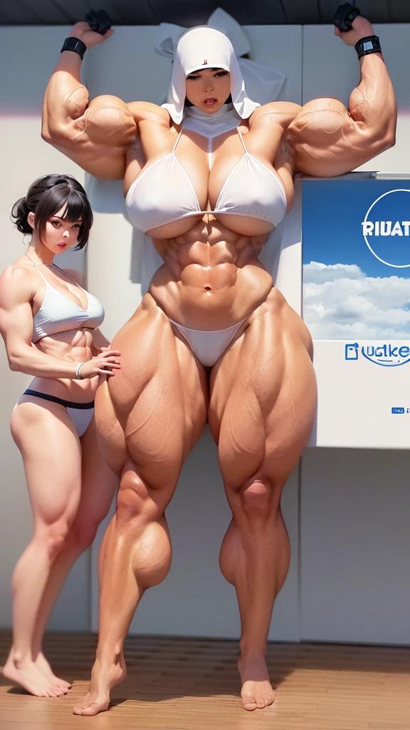 Arafa woman in a white bikini posing with a giant woman, garota musculosa, mulher muscular, exaggeratedly large physique, feminine and muscular, big muscles, huge muscles, giantess art, musculoso e corpulento, huge muscles, bodybuilder superhero bikini, poderoso e enorme, extremamente musculoso, big muscles, exaggerated physique, giantess, musculoso e assustador, ambiente natural, mulher branca,