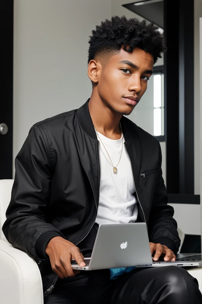 Black jacket black face boy use laptop 