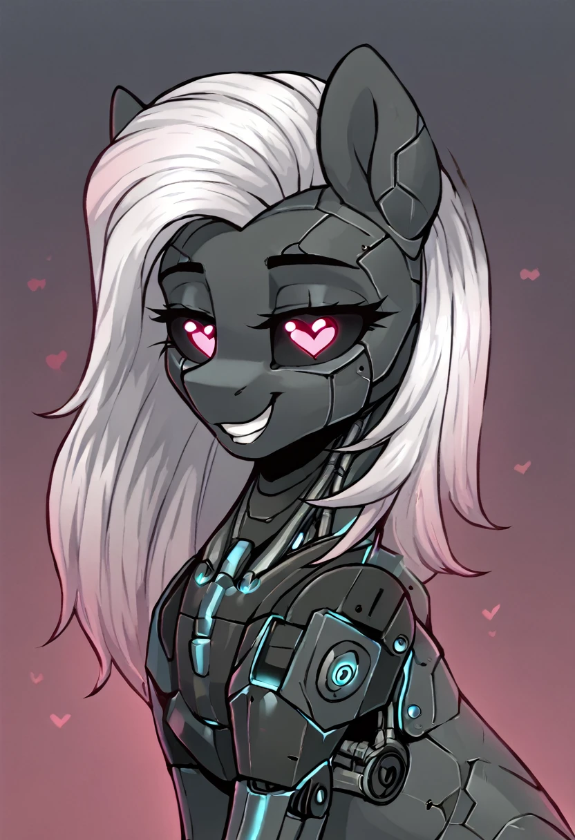 Earth pony, white mane,light blue cybernetic eyes, cybernetic body,black sclera ,black body color  long mane ,pony smiling ,horny pink heart eyes  pussy sex