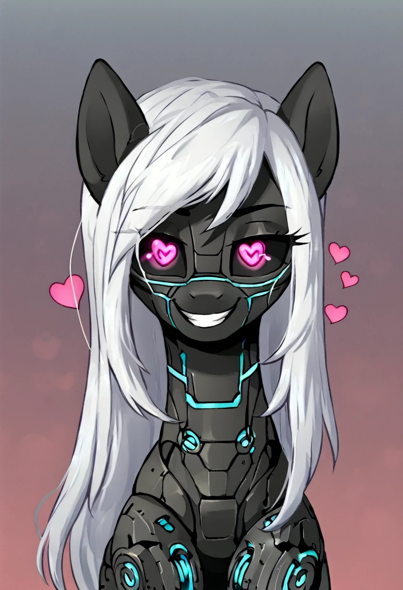 Earth pony, white mane,light blue cybernetic eyes, cybernetic body,black sclera ,black body color long mane ,pony smiling ,horny pink heart eyes porn