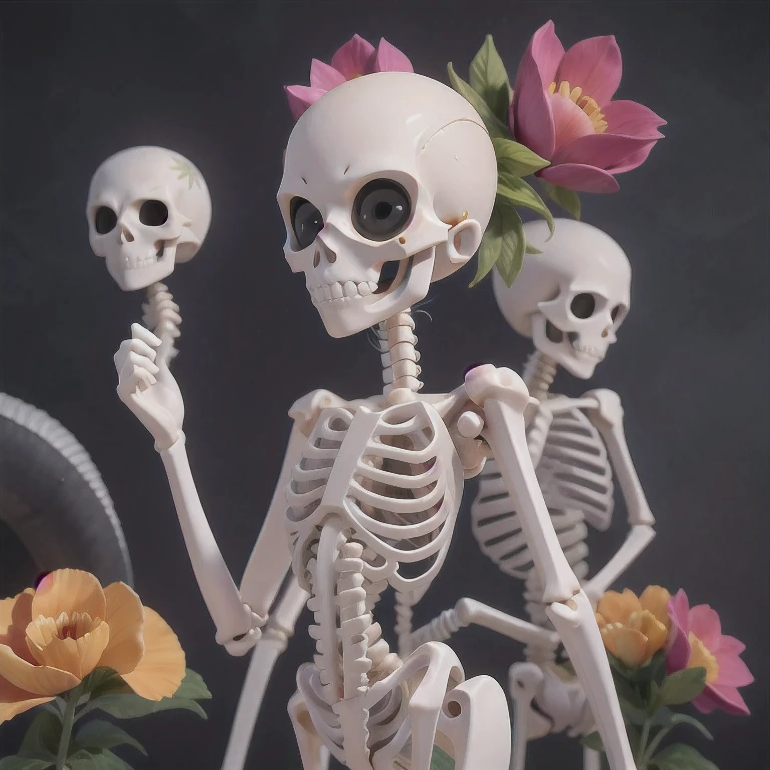 skeleton with flower in hair standing against grey background, anatomically correct skeleton, skeleton girl, skeleton, skelleton, skeletal, half woman half skeleton, anatomically accurate skeleton, thin skeleton, skull bones flowers, fleshy skeletal, titanium skeleton, cute skeleton, fleshy skeletal body, flowers grow from the body, human skeleton, female death, highly detailed skeleton