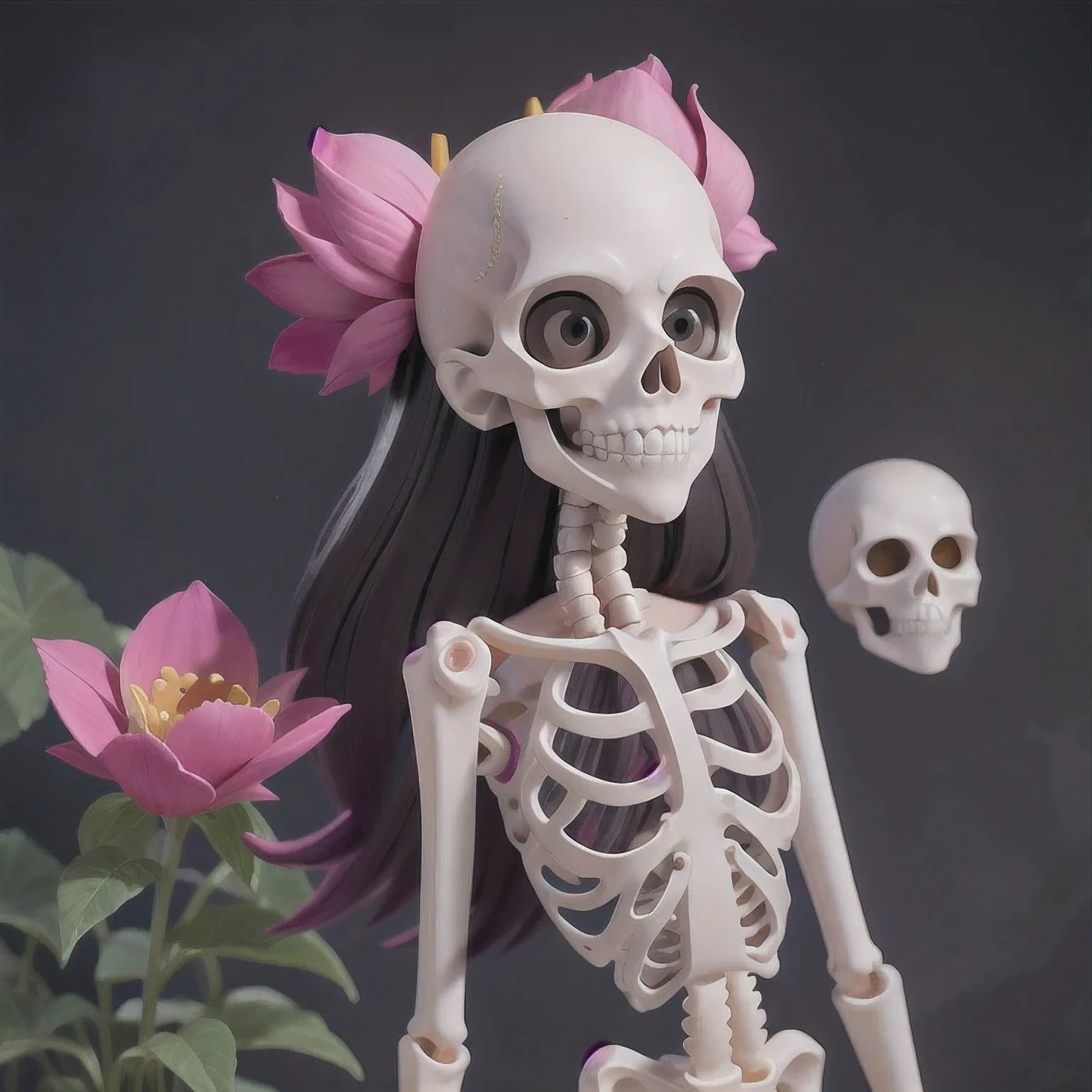 skeleton with flower in hair standing against grey background, anatomically correct skeleton, skeleton girl, skeleton, skelleton, skeletal, half woman half skeleton, anatomically accurate skeleton, thin skeleton, skull bones flowers, fleshy skeletal, titanium skeleton, cute skeleton, fleshy skeletal body, flowers grow from the body, human skeleton, female death, highly detailed skeleton