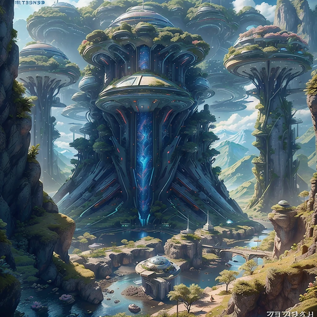 An island floating in the sky,There is an ancient castle on the island,Greenery,Surrounded by flowers,There is a stream on the island,There is a futuristic interstellar spaceship on the lawn in front of the castle,Below the island are rolling hills.,Skyscrapers line the mountains,The building is full of alien style,There is a winding river between the mountains,There is a planet looming in the sky above the island,A starship flies by。Realistic style,Level lighting atmosphere,8K quality,Aerial perspective