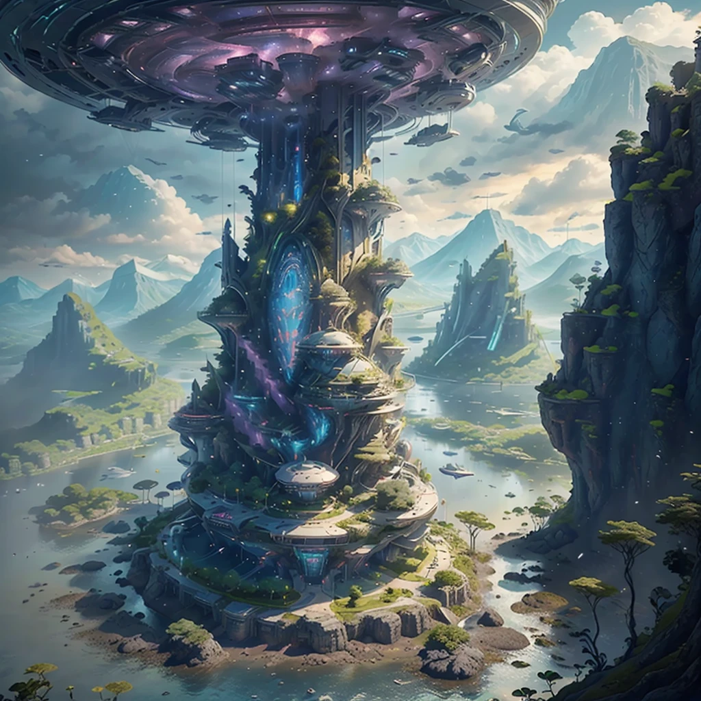 An island floating in the sky，There is an ancient castle on the island，Greenery，Surrounded by flowers，There is a stream on the island，There is a futuristic interstellar spaceship on the lawn in front of the castle，Below the island are rolling hills.，Skyscrapers line the mountains，The building is full of alien style，There is a winding river between the mountains，There is a planet looming in the sky above the island，A starship flies by。Realistic style，Level lighting atmosphere，8K quality，Aerial perspective