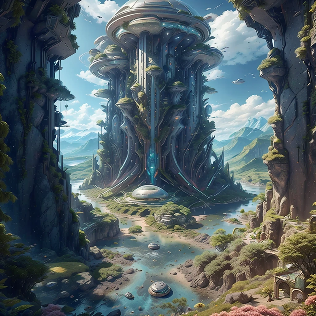 An island floating in the sky，There is an ancient castle on the island，Greenery，Surrounded by flowers，There is a stream on the island，There is a futuristic interstellar spaceship on the lawn in front of the castle，Below the island are rolling hills.，Skyscrapers line the mountains，The building is full of alien style，There is a winding river between the mountains，There is a planet looming in the sky above the island，A starship flies by。Realistic style，Level lighting atmosphere，8K quality，Aerial perspective