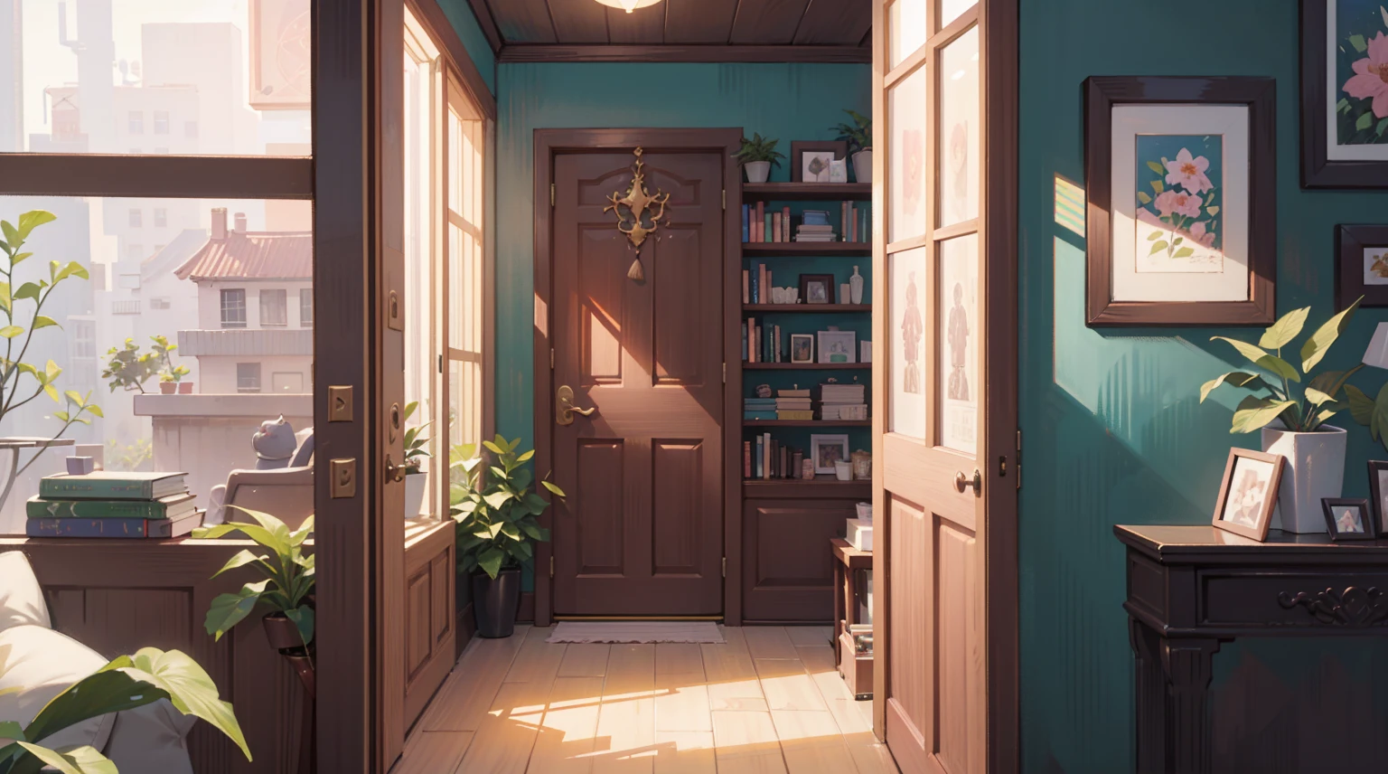(Masterpiece), Best quality, Ultra-high resolution, detailed structure, Detailed architecture, (Warm pastel colors), indoor,(nobody:1.5)Pull the door frame to see the living room,Behind is the living room, plant, Stamens, indoor。Entrance,(pink:1.5)