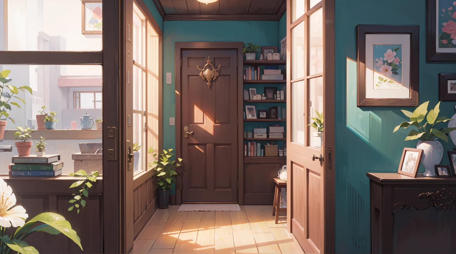 (Masterpiece), Best quality, Ultra-high resolution, detailed structure, Detailed architecture, (Warm pastel colors), indoor，（nobody：1.5）Pull the door frame to see the living room，Behind is the living room, plant, Stamens, indoor。Entrance，（pink：1.5）