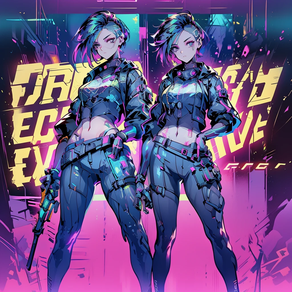 Create an anime-style, high-resolution, ultrasharp 8K masterpiece of Judy Alvarez from "Cyberpunk 2077." She has a punk-inspired look with partially shaved sides and the rest of her hair dyed in vibrant colors. Her expressive eyes are highlighted with bold, edgy makeup. She sports a series of intricate tattoos covering her neck, arms, and torso, adding to her rebellious aura. Judy wears a stylish, futuristic outfit with a mix of leather and neon accents, embodying the gritty, cyberpunk aesthetic. The background should reflect the neon-lit streets of Night City, emphasizing the urban, high-tech environment. Capture her confident, determined expression as she stands ready, showcasing her role as a skilled braindance technician and fierce protector of the marginalized.