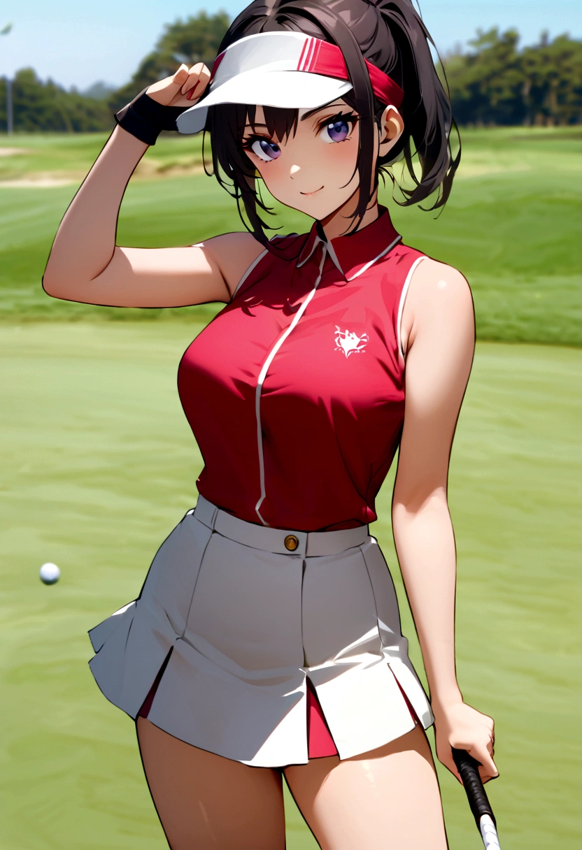 sound　high resolution　8k beauty　Woman playing golf　Golf course　Beautiful woman　Wolf Cut　Black Hair　　Golf Wear　mini skirt　smile　　looking at the camera　nice shot　No sleeve　Sun visor　wild