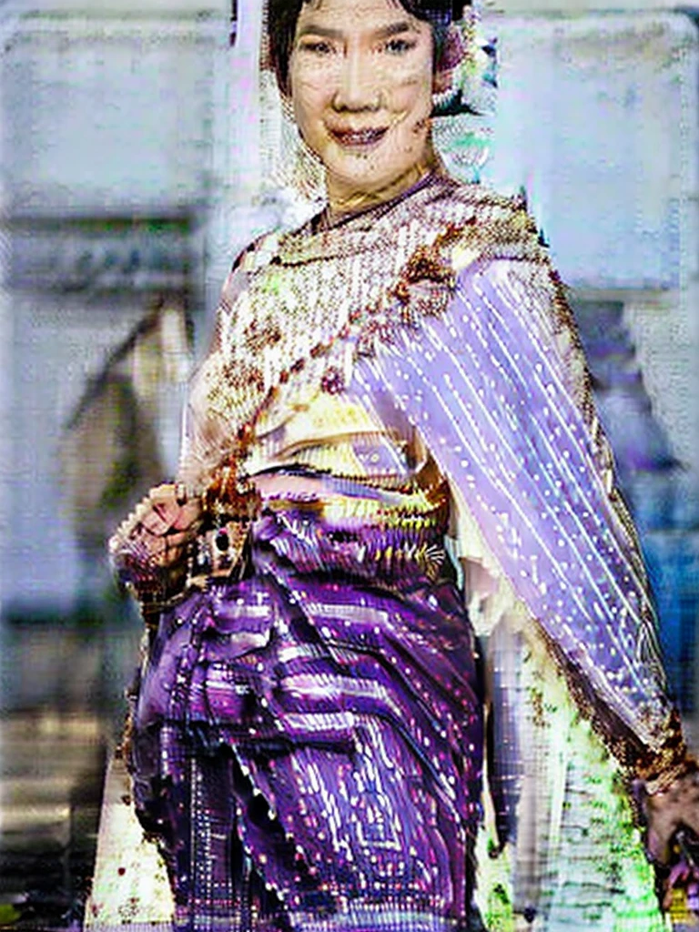 ((best quality)), ((Masterpiece)), (4k details), photorealism, full body, (((Old Asian woman))), ((Age 70)), tight black latex leggings, white cotton dress shirt, purple leather waist corset, Big muscles, Twintail hairstyle,