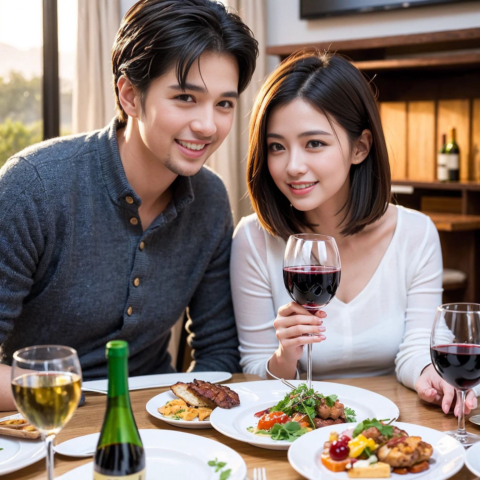 ((Highest quality、8k、masterpiece:1.3))、 (Genuineistic, Genuine、Bright image、Intricate details:1.2), Best smile 1 man 1 woman、Beautiful Couple、Lovers、Relatives and friends、actress couple、couple、Model Couple、Smile、A full-course dinner with a full table、テーブルにwine glass、 (Slim face), (The body is slim), (Brown Hair), (short hair), Please shine a light on my face、 Amazing view of the sunset sky and clouds、 (age 34), 38 years old, red wine 、Appetizers、Wine bottle、sparkling wine、Long sleeve shirt、dress、White wine, red wine, wine glass,