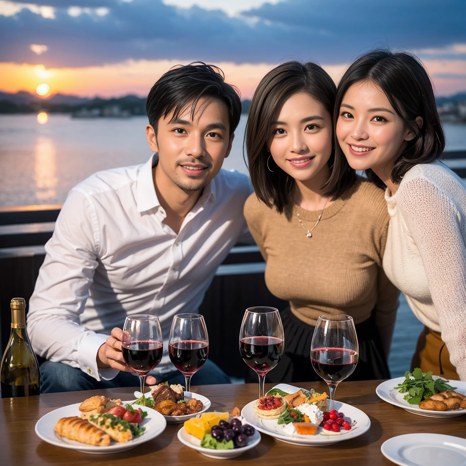 ((Highest quality、8k、masterpiece:1.3))、 (Genuineistic, Genuine、Bright image、Intricate details:1.2), Best smile 1 man 1 woman、Beautiful Couple、Lovers、Relatives and friends、actress couple、couple、Model Couple、Smile、A full-course dinner with a full table、テーブルにwine glass、 (Slim face), (The body is slim), (Brown Hair), (short hair), Please shine a light on my face、 Amazing view of the sunset sky and clouds、 (age 34), 38 years old, red wine 、Appetizers、Wine bottle、sparkling wine、Long sleeve shirt、dress、White wine, red wine, wine glass, 