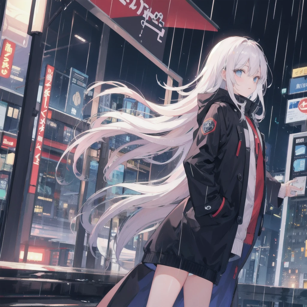 1girl,night city,rain,coat,hands in pockets