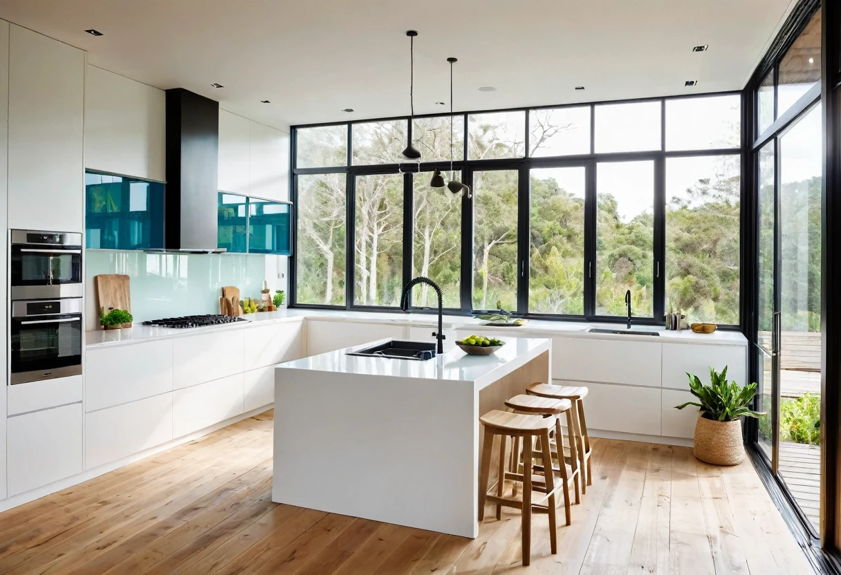 a modern kitchen, colorful cabinet doors, island table, stove, sink, natural light, wooden floors, white ceiling, glass windows,tfz_minimalist_style