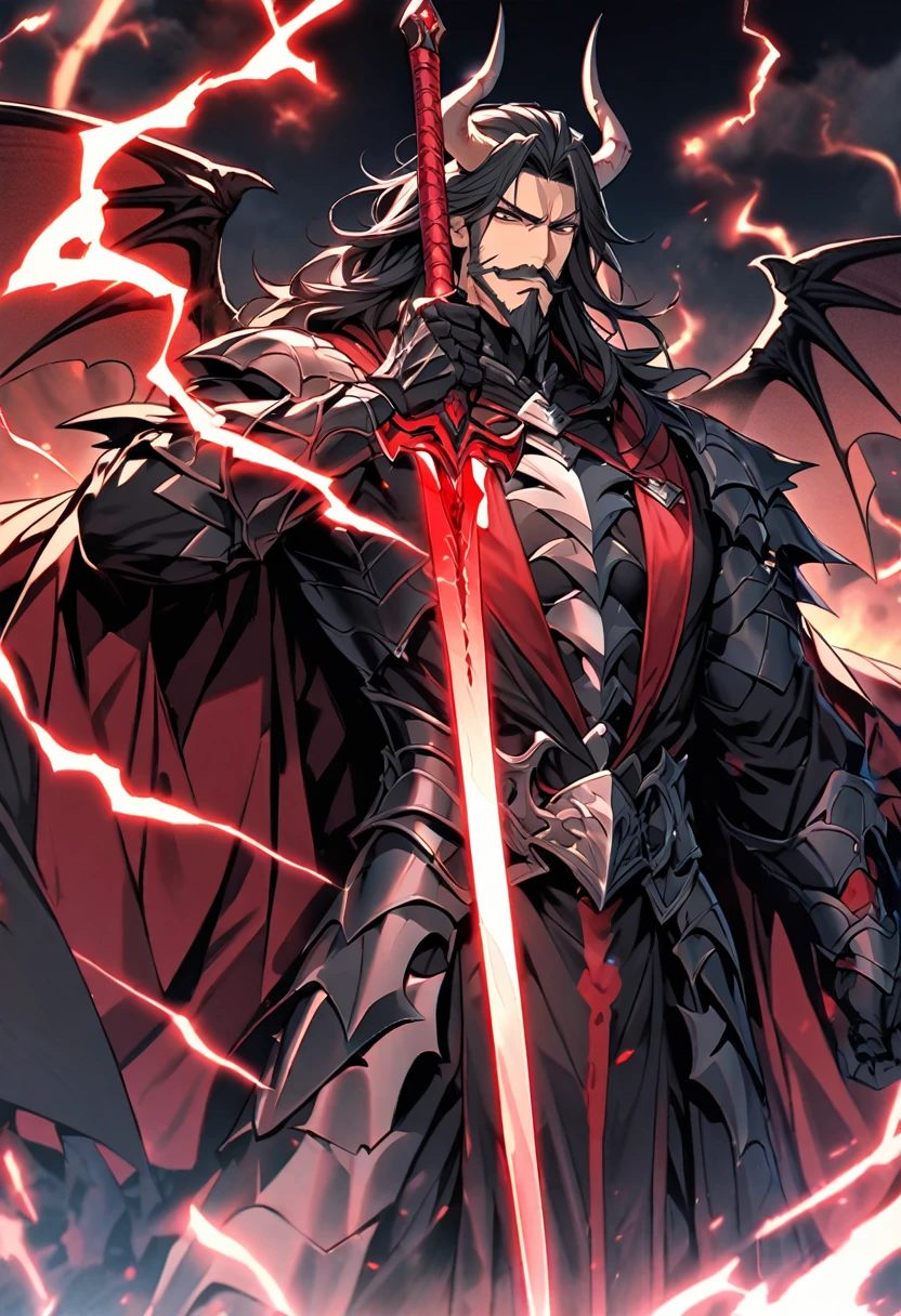 Handsome, single, mustache and beard, 1 male, long hair tied back black. Red and black eyes, no satanic horns, large body, satanic warrior outfit, Gargoyle wings, black iron armor with red shine. Magic style red-black robe A huge power swirled like hell, black, fiery red, and lightning mixed together. holding a great sword warrior Satan's magic power is in the great sword,