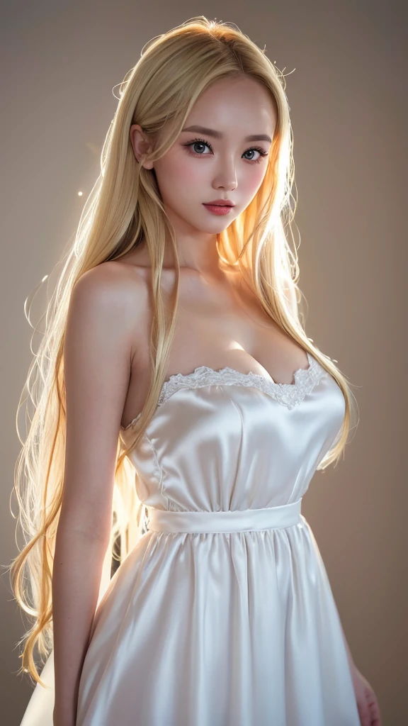 (((Blonde、forehead、long hair、White background、dress、Russia、Northern Europe、シンプルなWhite background)))、masterpiece, Highest quality, 8k,, 20th Generation, (Large Breasts:1.2), Background is white, cute, alone, sad, close, cute, Girlish, Delicate girl, Pure beauty, RAW Photos, Professional photography, Portraiture, Soft Light, Professional Lighting, Backlight, Upper Body, Sophisticated, Film Grain, (Eye and facial details:1.0) , Beautiful, flowing hair, Silk blouse,