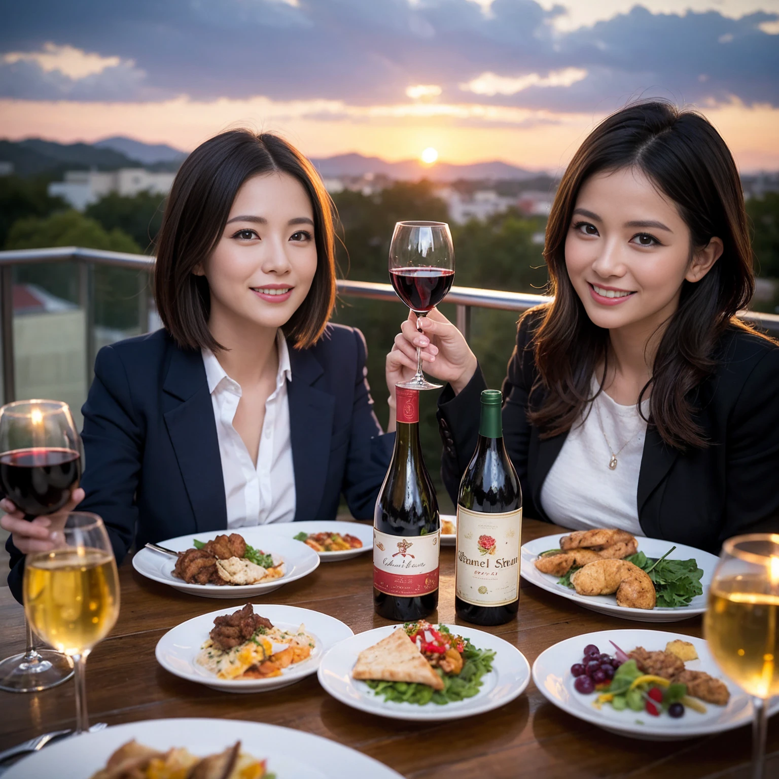 ((Highest quality、8k、masterpiece:1.3))、 (Genuineistic, Genuine、Bright image、Intricate details:1.2), Best smile 1 man 1 woman、Beautiful Couple、Lovers、Relatives and friends、actress couple、couple、Model Couple、Smile、A full-course dinner with a full table、テーブルにwine glass、 (Slim face), (The body is slim), (Brown Hair), (short hair), Please shine a light on my face、 Amazing view of the sunset sky and clouds、 (Age 36), 39 years old, red wine 、Appetizers、Wine bottle、sparkling wine、Long sleeve shirt、dress、White wine, red wine, wine glass,