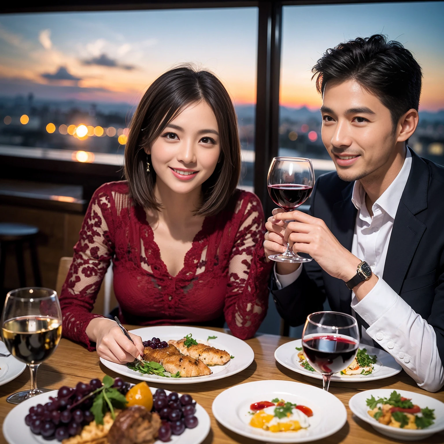 ((Highest quality、8k、masterpiece:1.3))、 (Genuineistic, Genuine、Bright image、Intricate details:1.2), Best smile 1 man 1 woman、Beautiful Couple、Lovers、Relatives and friends、actress couple、couple、Model Couple、Smile、A full-course dinner with a full table、テーブルにwine glass、 (Slim face), (The body is slim), (Brown Hair), (short hair), Please shine a light on my face、 Amazing view of the sunset sky and clouds、 (Age 36), 39 years old, red wine 、Appetizers、Wine bottle、sparkling wine、Long sleeve shirt、dress、White wine, red wine, wine glass,