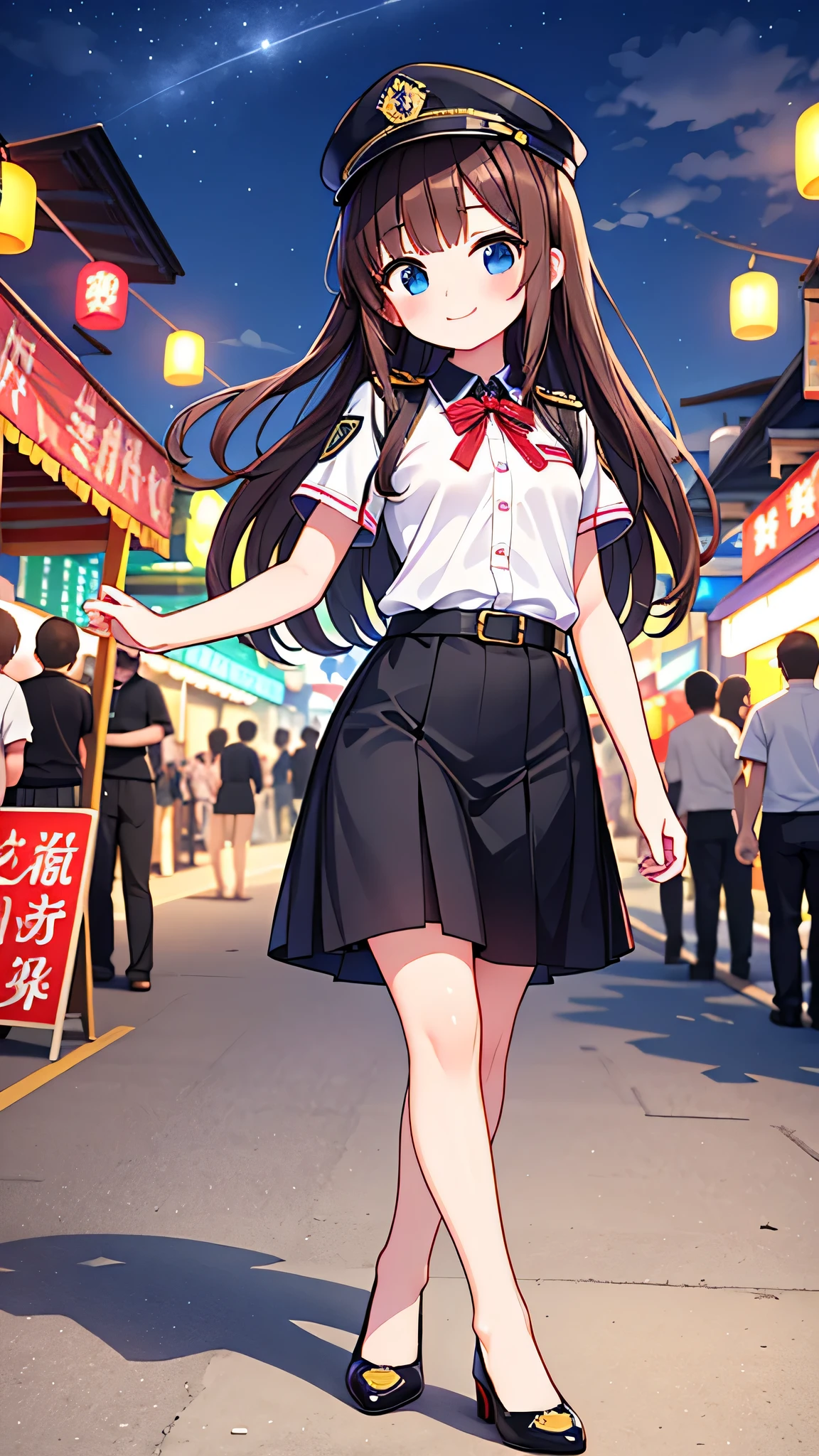 {Highest quality], [Super beautiful], [Ultra fine], [Best illustration], NSFW,Brown Hair, Hime cut, Long Hair, With bangs, girl, Uniform cap,Security uniform, smile, blush, Slender women,Short sleeve,Long straight skirt, Adult women,walk,(Public）Night Park, Summer festival,diagonal,Bare feet and pumps, Plain black pumps