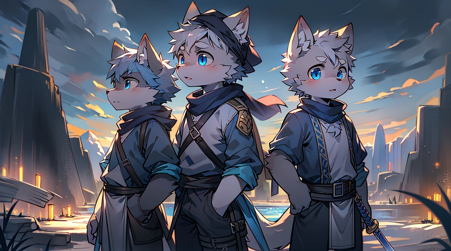 Wolf,juvenile,male,Gray-black fur,Sky blue eyes,Ancient combat uniform,scarf,Holding a long sword,Scabbard back,permanent,The only one,dawn,illumination,Break