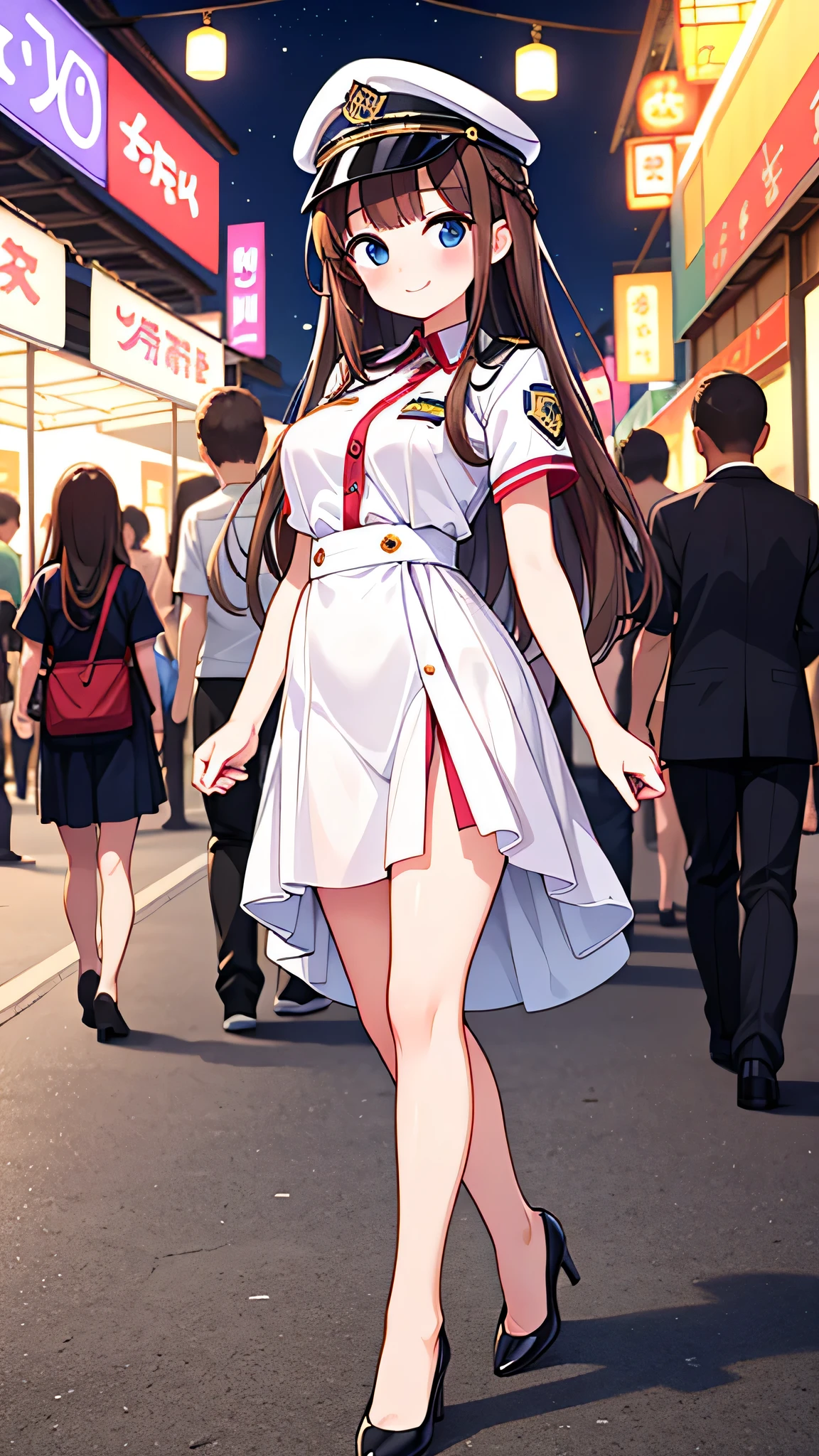 {Highest quality], [Super beautiful], [Ultra fine], [Best illustration], NSFW,Brown Hair, Hime cut, Long Hair, With bangs, girl, Uniform cap,Security uniform, smile, blush, Slender women,Short sleeve,Long straight skirt, Adult women,walk,(Public）Night Park, Summer festival,diagonal,Bare feet and pumps, Plain black pumps