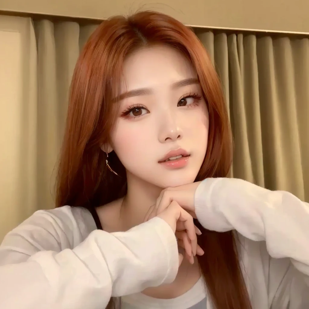 un primer plano de una mujer con el pelo largo y rojo sentada en una cama, Hermosa joven coreana, hermosa mujer surcoreana, Hwang Yeji ITZY, muchacha coreana, maquillaje popular de corea del sur, Hermosa joven coreana, Hwang Yeji, pale korean adorable face, portrait of yeji de itzy, Maquillaje coreano popular, Hwang Yeji, joven y adorable rostro coreano, Yeji de ITZY