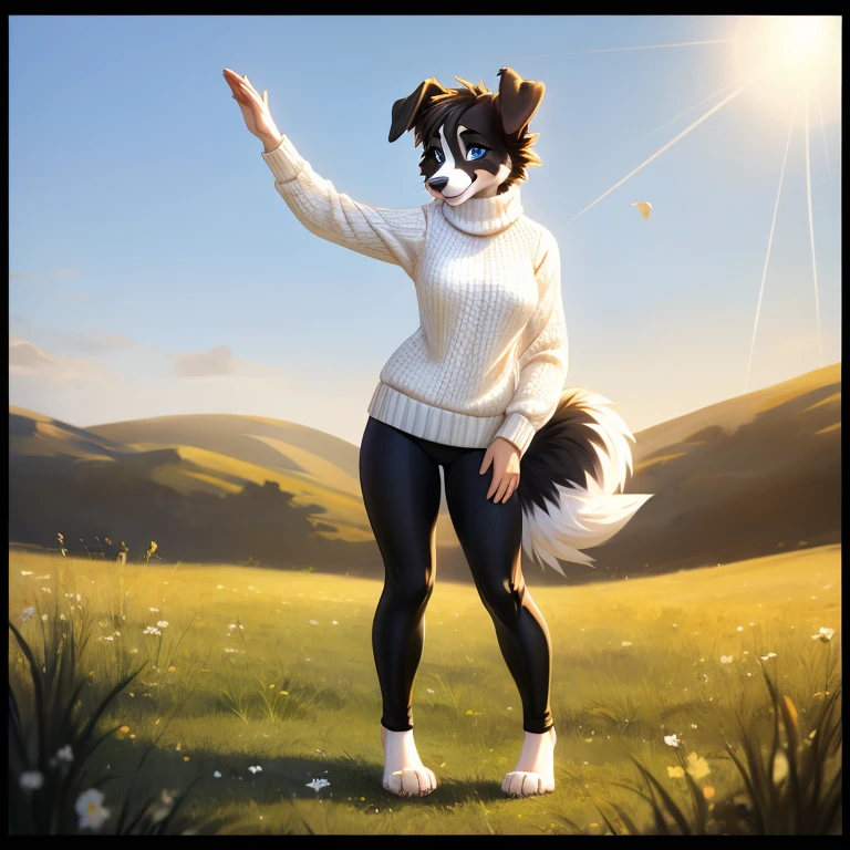 Best quality, female anthro border collie, black and white fur, fluffy dog tail, black border collie markings on face, blue eyes, short brown hair, droopy dog ears, wearing white turtleneck sweater, black yoga pants, barefoot, feet paws, 4 toes, standing, playful pose, in the field, sunny day