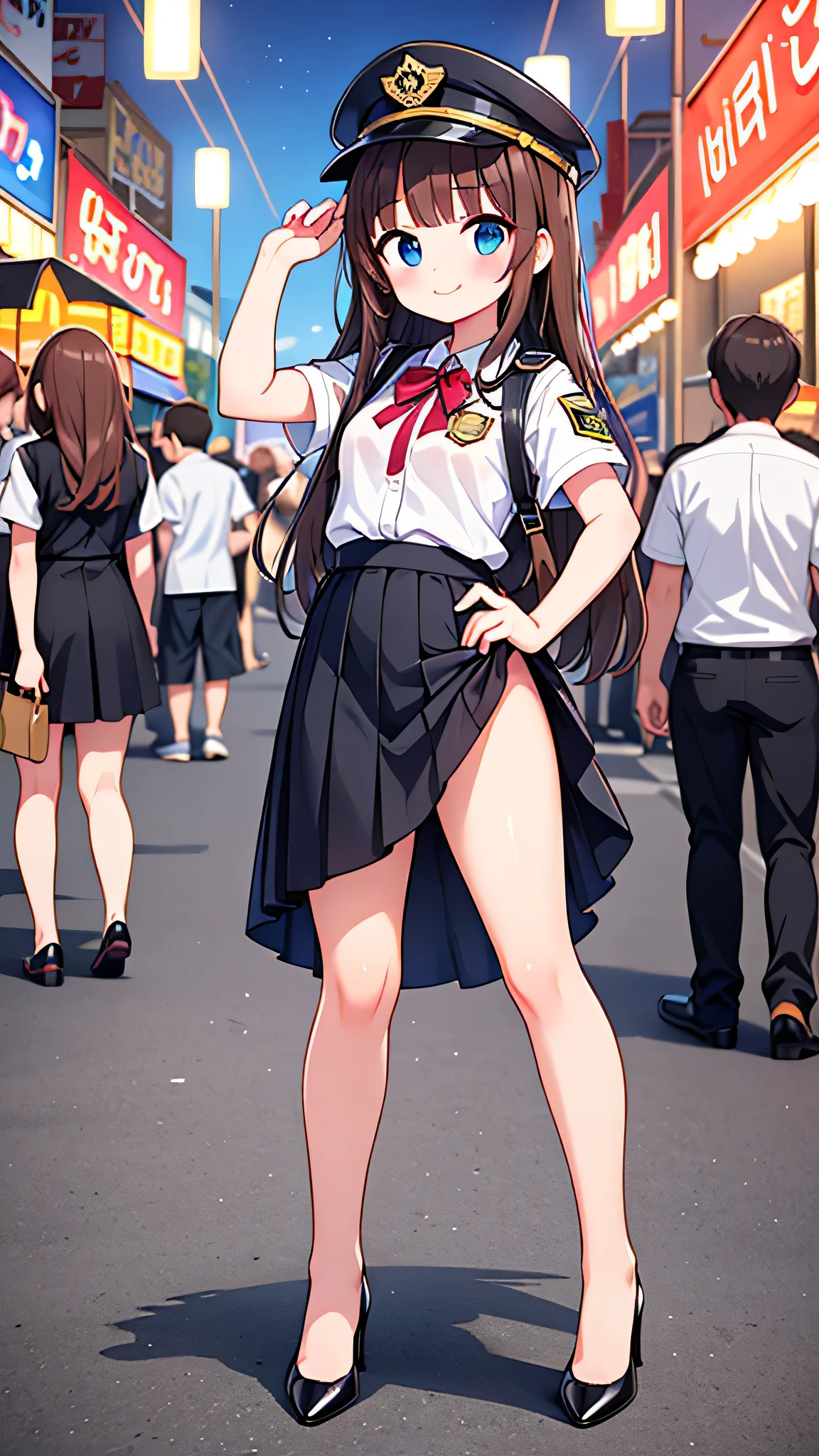 {Highest quality], [Super beautiful], [Ultra fine], [Best illustration], NSFW,Brown Hair, Hime cut, Long Hair, With bangs, girl, Uniform cap,Security uniform, smile, blush, Slender women,Short sleeve,Long straight skirt, Adult women,Strike a Pose,(Public）Night Park, Summer festival,diagonal,Bare feet and pumps, Plain black pumps