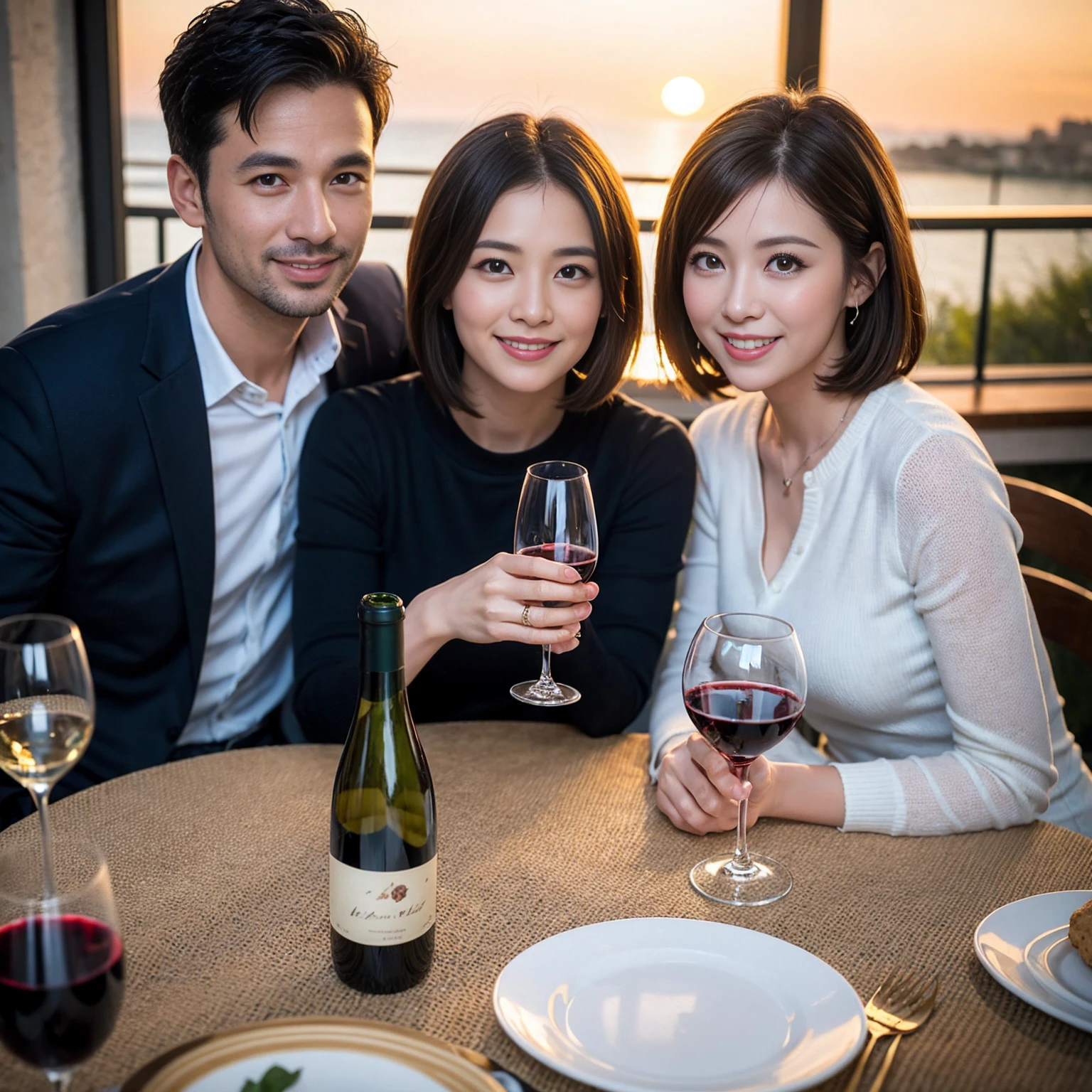 ((Highest quality、8k、masterpiece:1.3))、 (Genuineistic, Genuine、Bright image、Intricate details:1.2), Best smile 1 man 1 woman、Beautiful Couple、spouse、Couple、spouse、Beautiful Couple、Smile、A full-course dinner with a full table、テーブルにwine glass、 (Slim face), (The body is slim), (Brown Hair), (short hair), Please shine a light on my face、 Amazing view of the sunset sky and clouds、 (age 34), 39 years old, red wine 、Wine bottle、sparkling wine、Long sleeve shirt、dress、White wine, red wine, wine glass,