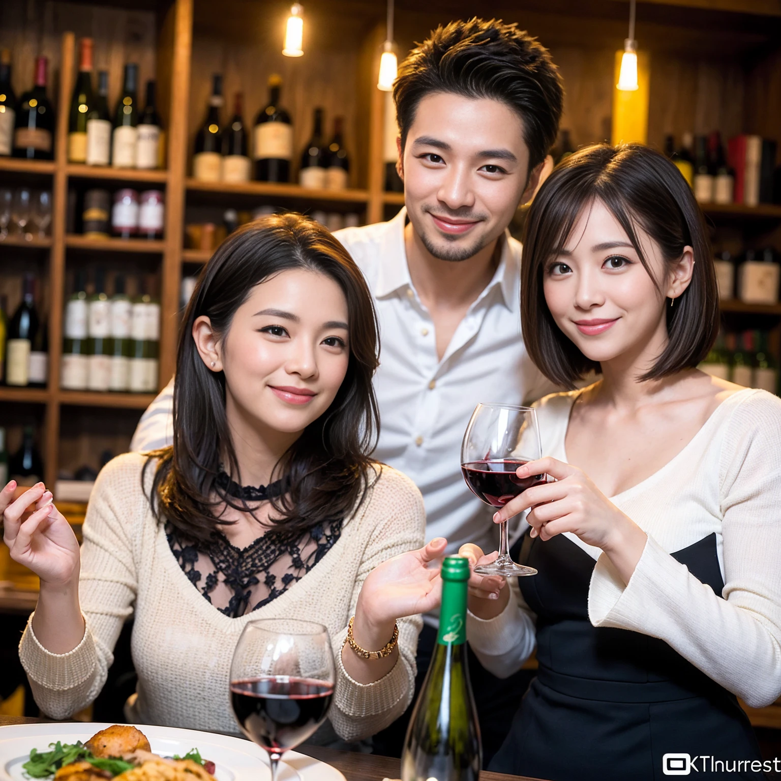 ((Highest quality、8k、masterpiece:1.3))、 (Genuineistic, Genuine、Bright image、Intricate details:1.2), Best smile 1 man 1 woman、Beautiful Couple、spouse、Couple、spouse、Beautiful Couple、Smile、A full-course dinner with a full table、テーブルにwine glass、 (Slim face), (The body is slim), (Brown Hair), (short hair), Please shine a light on my face、 Amazing view of the sunset sky and clouds、 (age 34), 39 years old, red wine 、Wine bottle、sparkling wine、Long sleeve shirt、dress、White wine, red wine, wine glass, 