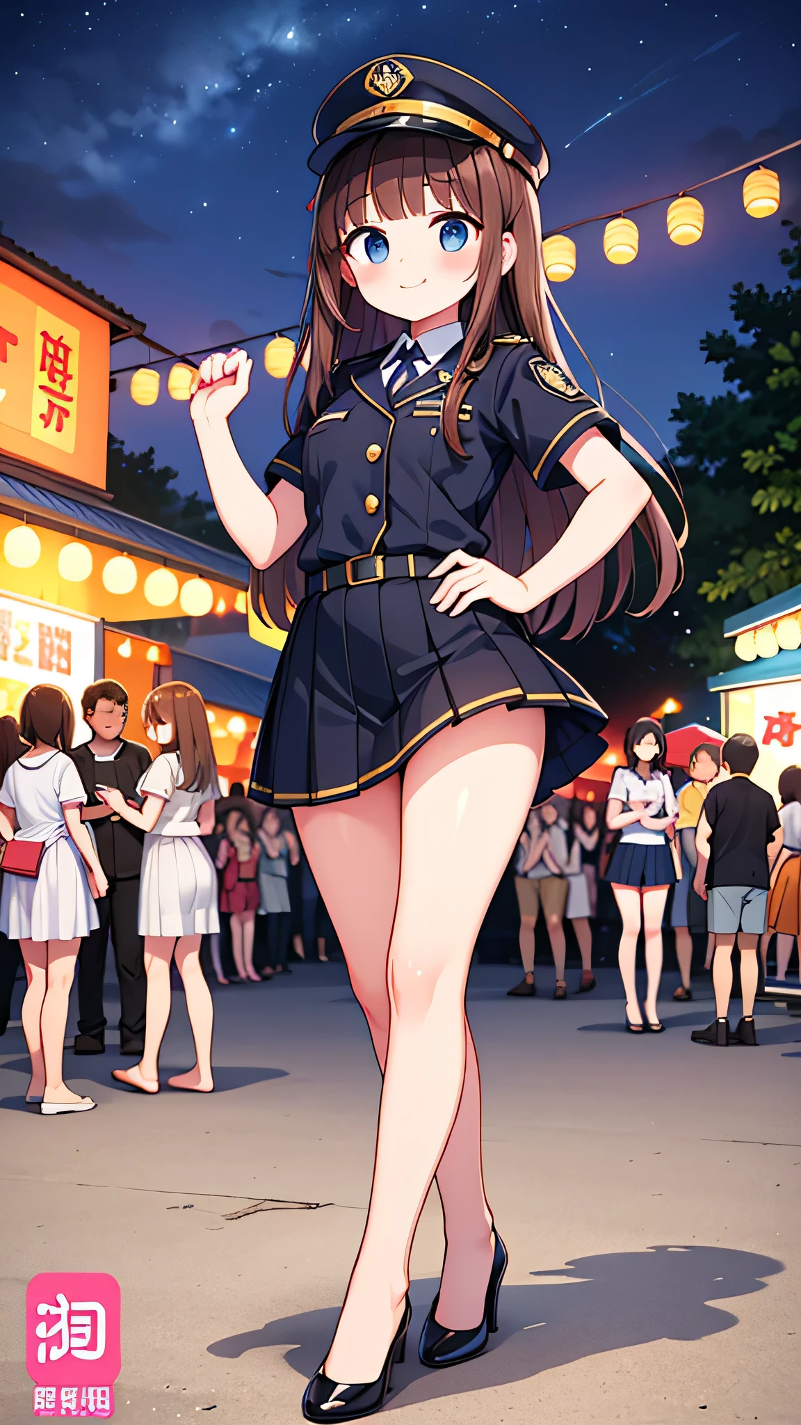 {Highest quality], [Super beautiful], [Ultra fine], [Best illustration], NSFW,Brown Hair, Hime cut, Long Hair, With bangs, girl, Uniform cap,Security uniform, smile, blush, Slender women,Short sleeve,Long straight skirt, Adult women,Strike a Pose,(Public）Night Park, Summer festival,diagonal,Bare feet and pumps, Plain black pumps